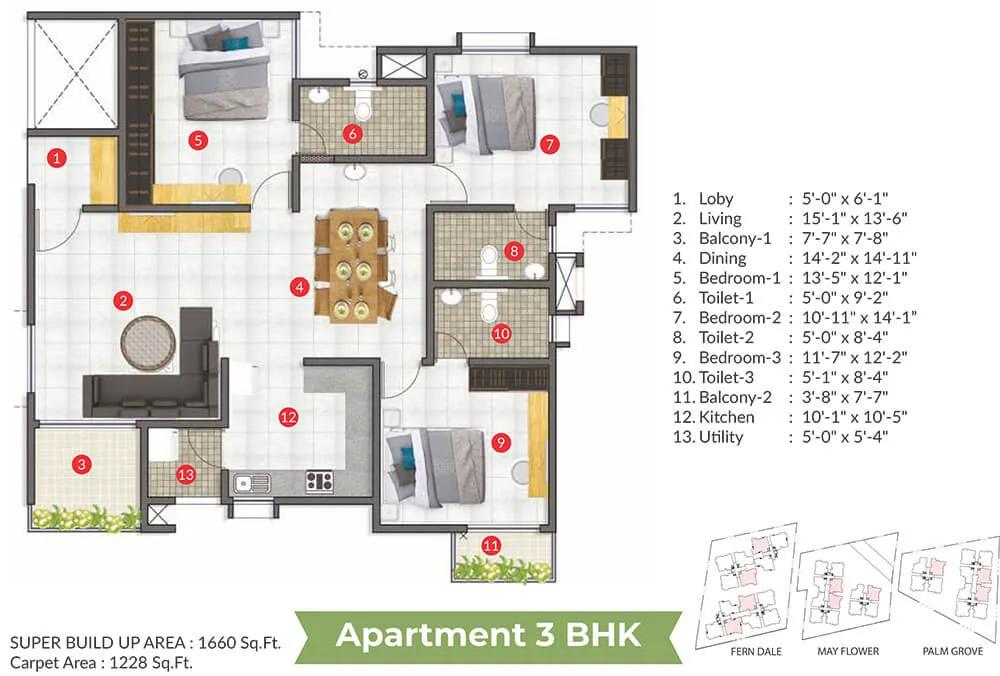 ARATT Cityscapes 3 BHK floor plan, about 1,660 sq ft