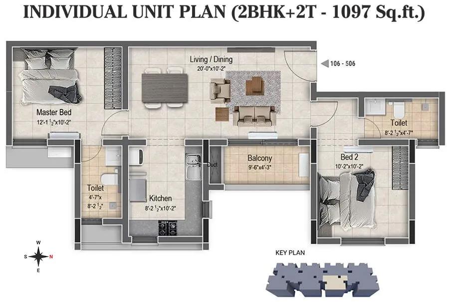 DRA Clover 2 BHK floor plan, about 1,097 sq ft