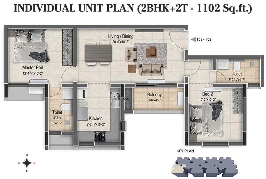 DRA Clover 2 BHK floor plan, about 1,102 sq ft