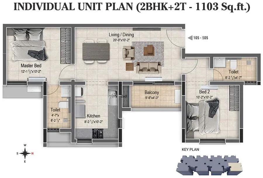 DRA Clover 2 BHK floor plan, about 1,103 sq ft