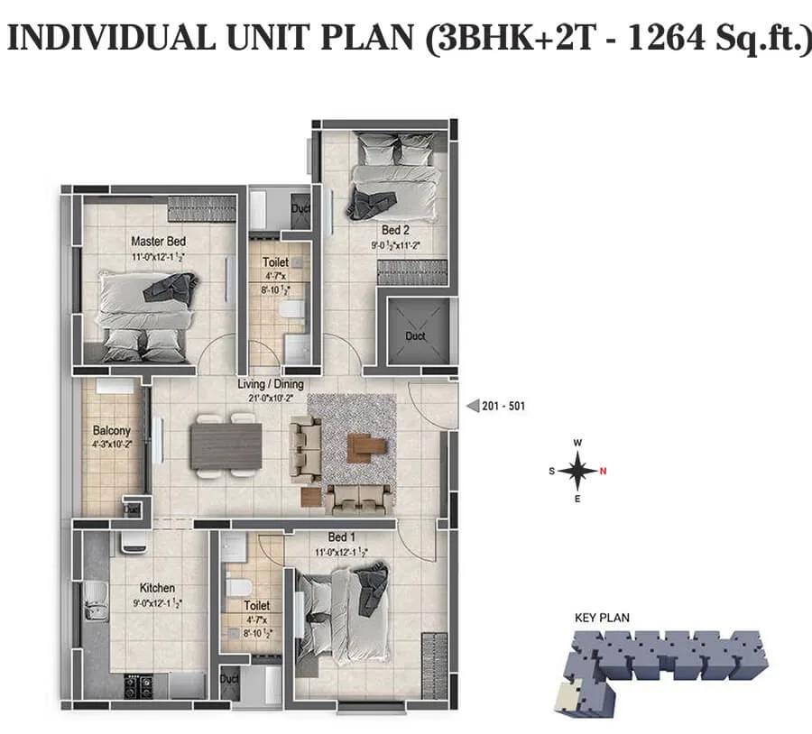 DRA Clover 3 BHK floor plan, about 1,264 sq ft