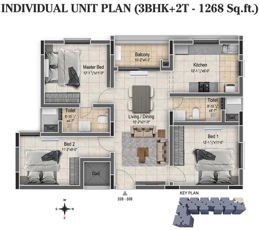 DRA Clover 3 BHK floor plan, about 1,268 sq ft