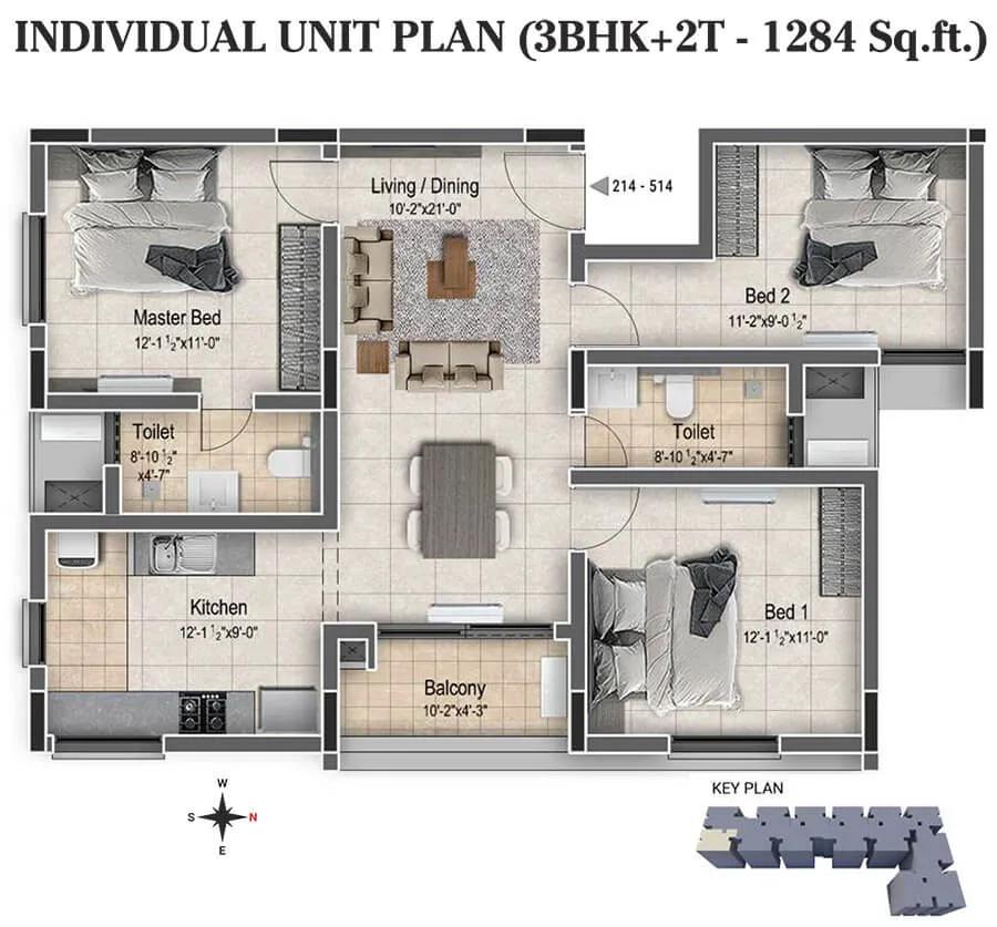 DRA Clover 3 BHK floor plan, about 1,284 sq ft