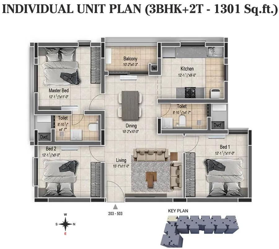 DRA Clover 3 BHK floor plan, about 1,301 sq ft