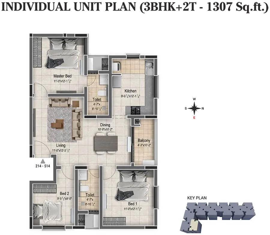 DRA Clover 3 BHK floor plan, about 1,307 sq ft