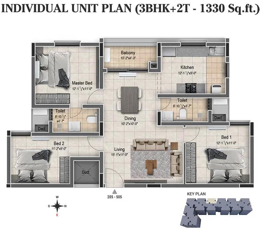 DRA Clover 3 BHK floor plan, about 1,330 sq ft