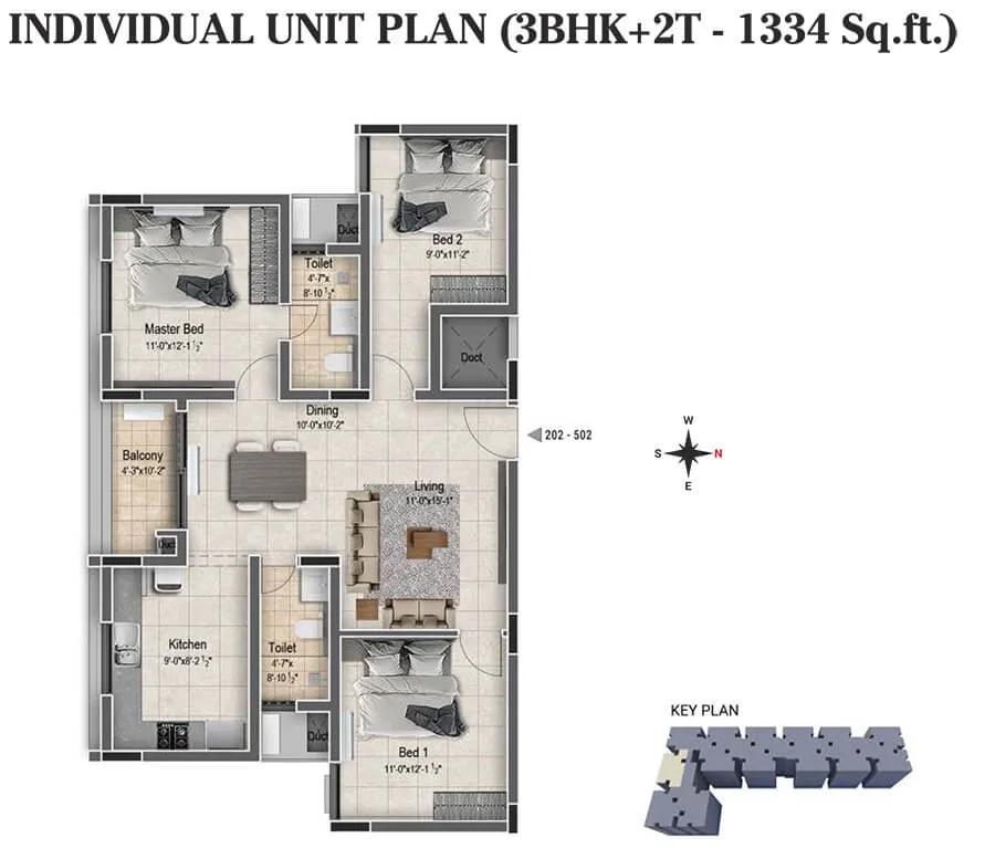 DRA Clover 3 BHK floor plan, about 1,334 sq ft