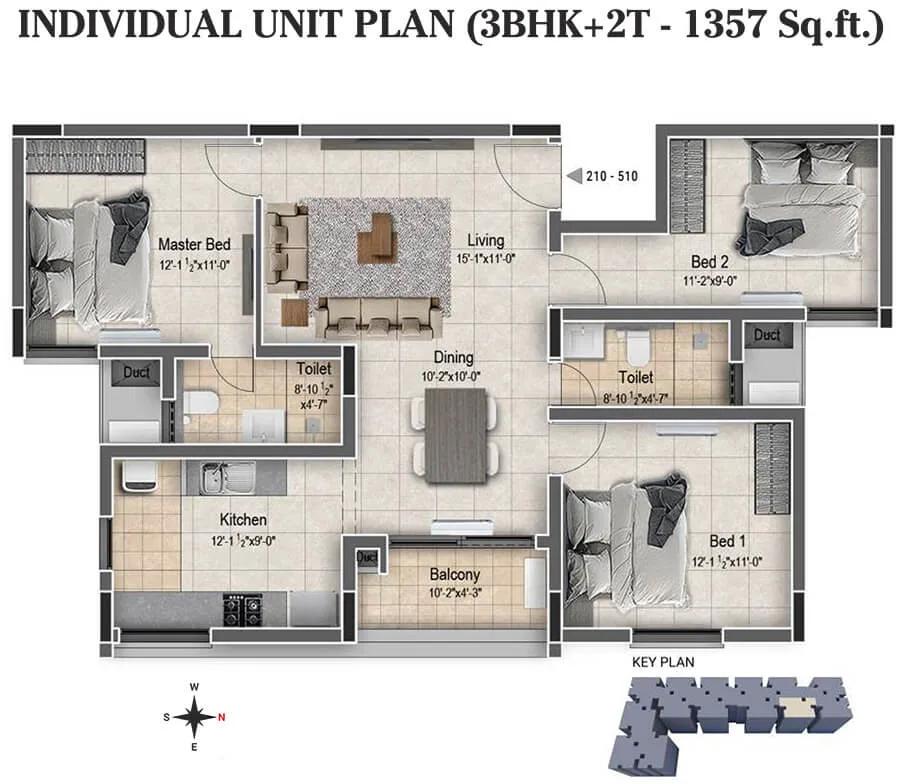 DRA Clover 3 BHK floor plan, about 1,357 sq ft