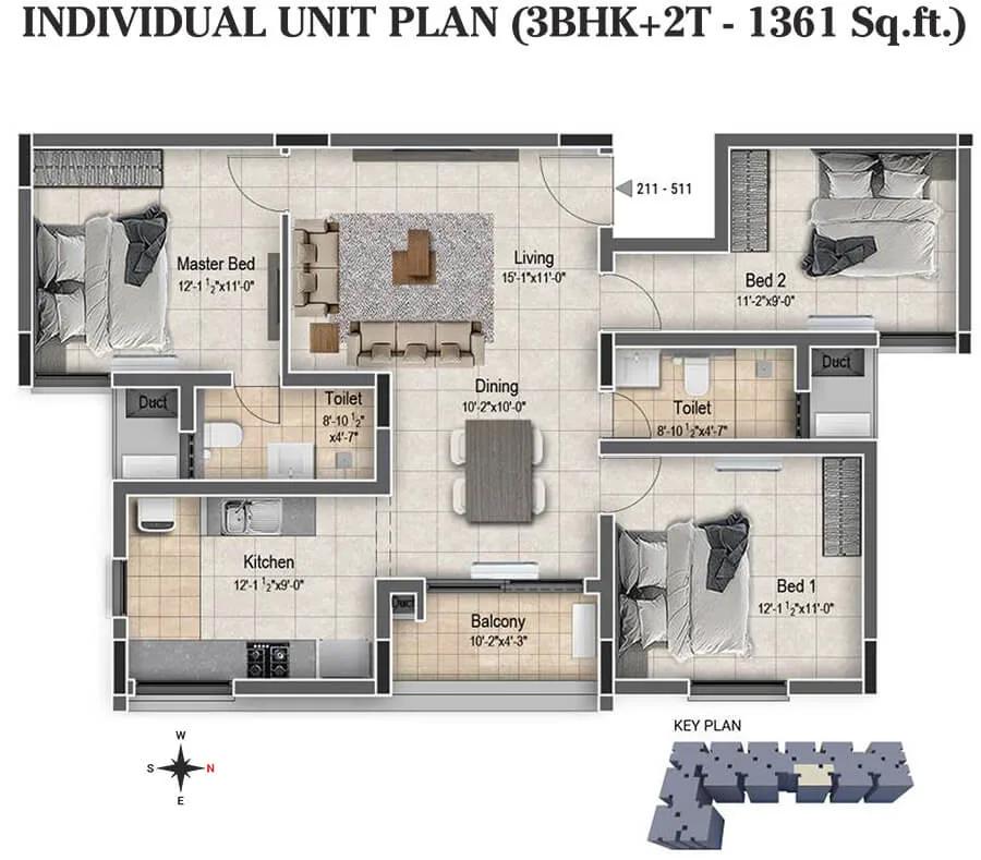 DRA Clover 3 BHK floor plan, about 1,361 sq ft