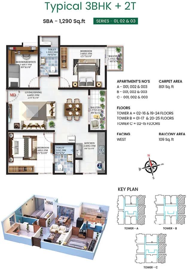 SBR Minara 3 BHK floor plan, about 1,290 sq ft