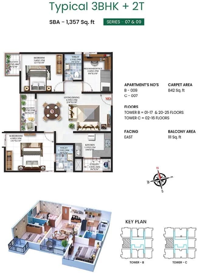 SBR Minara 3 BHK floor plan, about 1,357 sq ft
