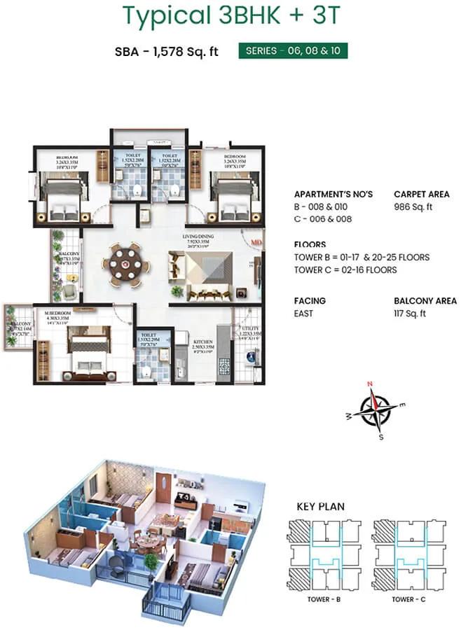 SBR Minara 3 BHK floor plan, about 1,578 sq ft