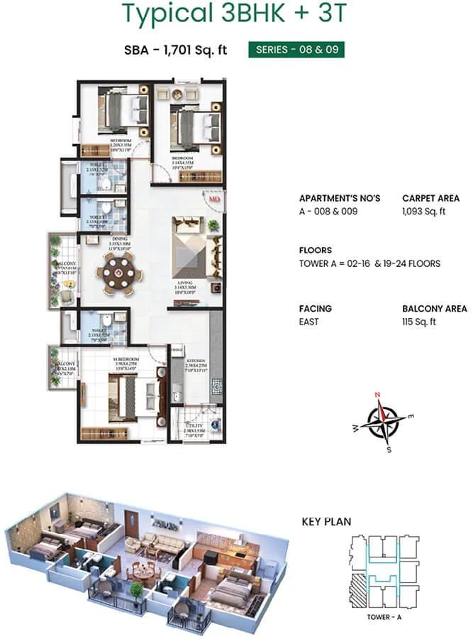 SBR Minara 3 BHK floor plan, about 1,701 sq ft