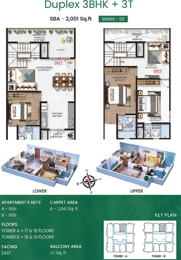 SBR Minara 3 BHK floor plan, about 2,001 sq ft