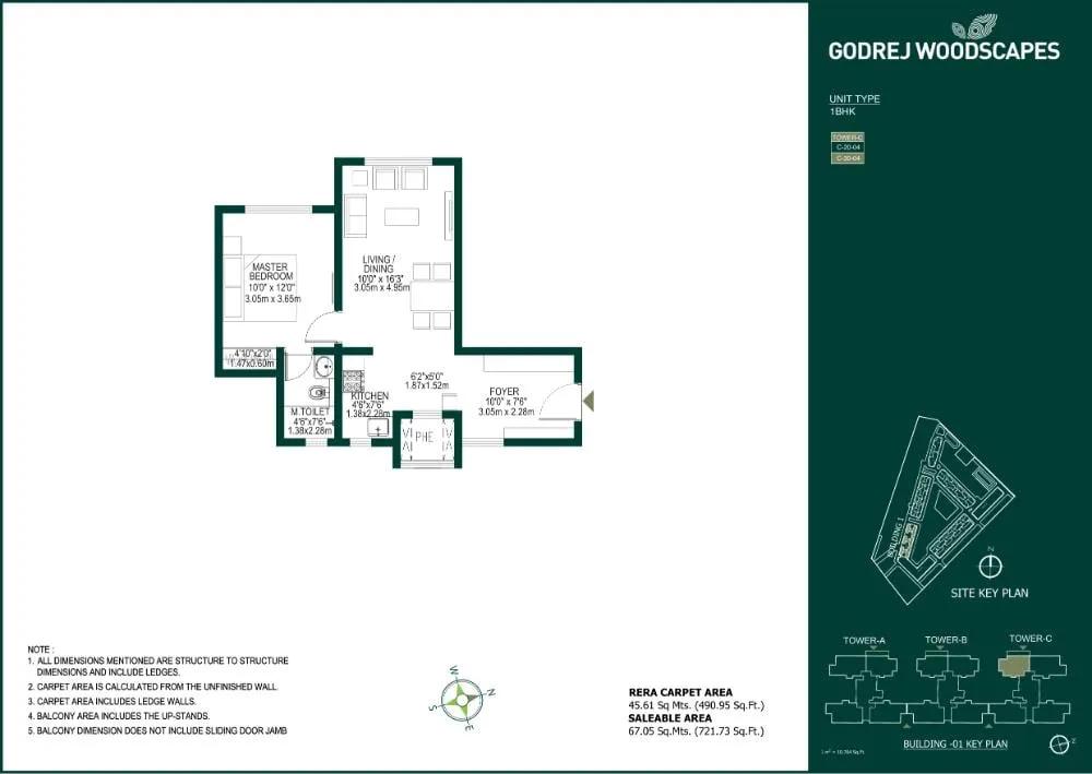Godrej Woodscapes 1 BHK floor plan, about 721 sq ft