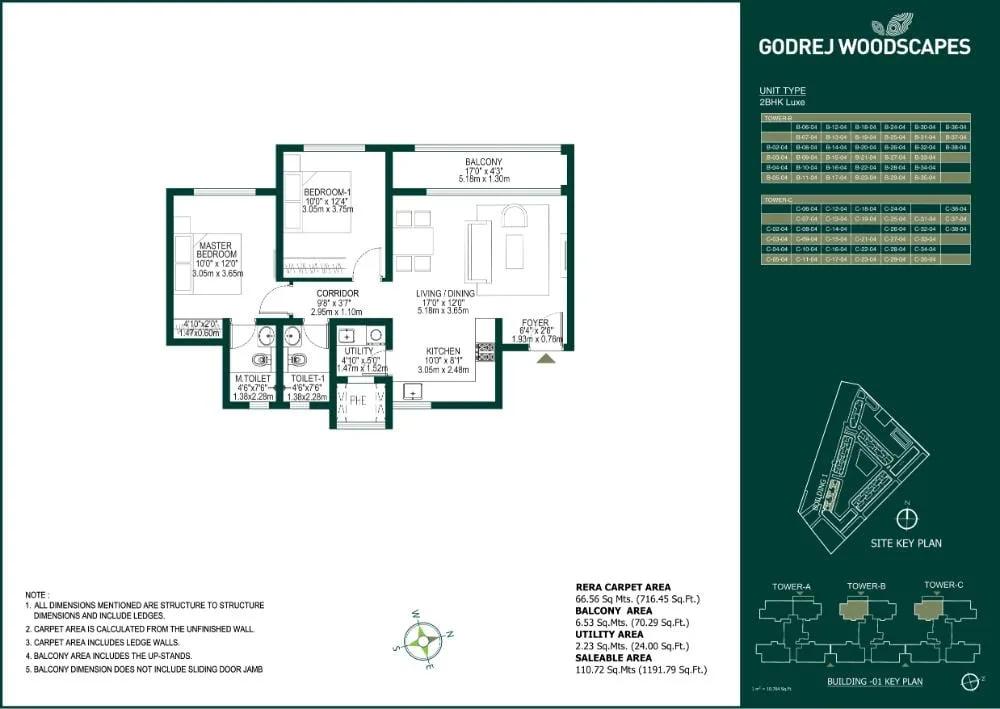 Godrej Woodscapes 2 BHK floor plan, about 1,191 sq ft