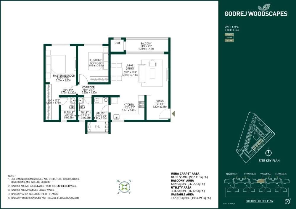 Godrej Woodscapes 2 BHK floor plan, about 1,483 sq ft