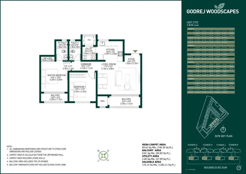 Godrej Woodscapes 2 BHK floor plan, about 1,282 sq ft