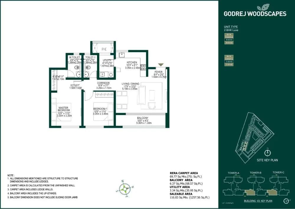 Godrej Woodscapes 2 BHK floor plan, about 1,257 sq ft