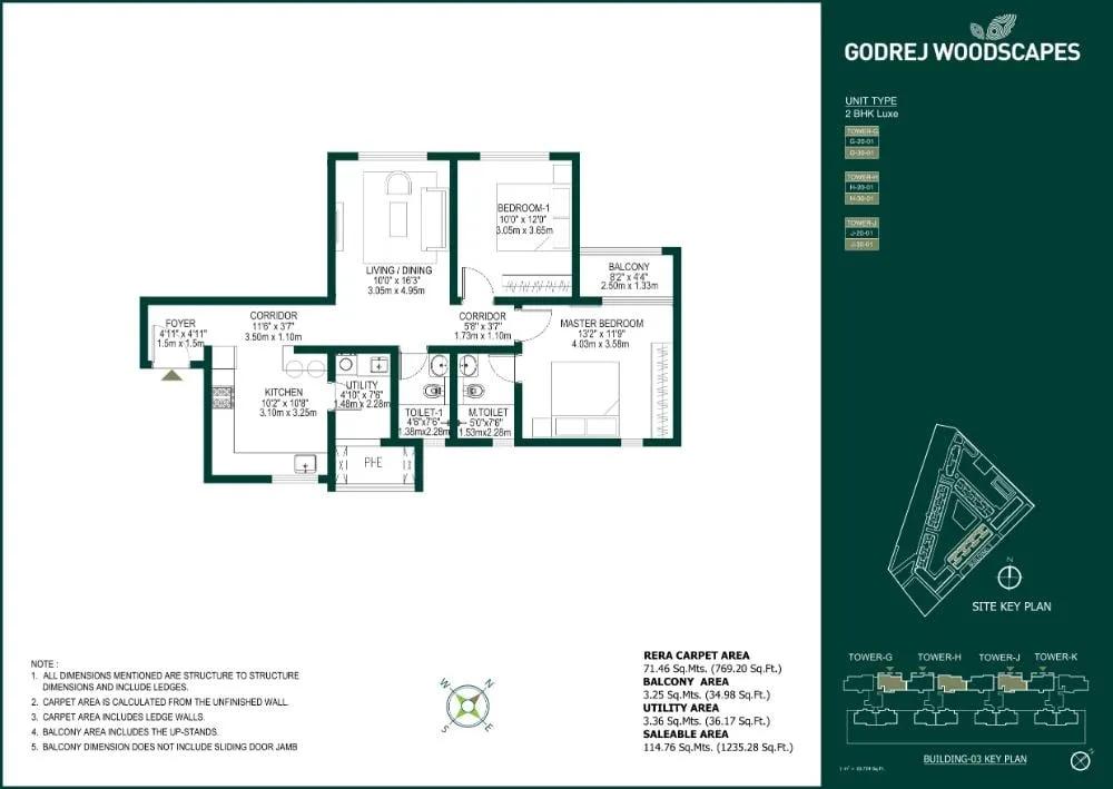Godrej Woodscapes 2 BHK floor plan, about 1,235 sq ft