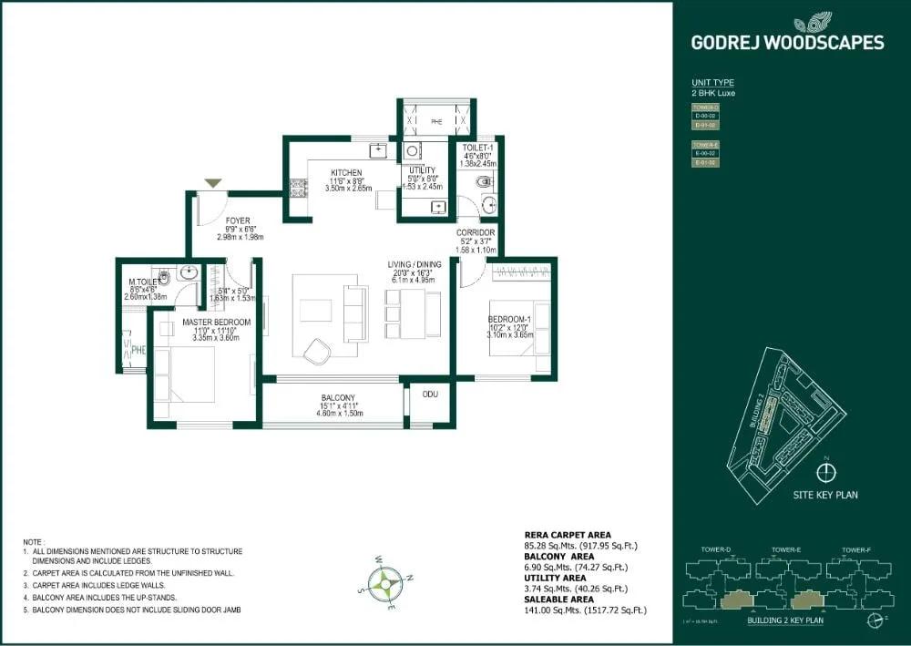 Godrej Woodscapes 2 BHK floor plan, about 1,517 sq ft