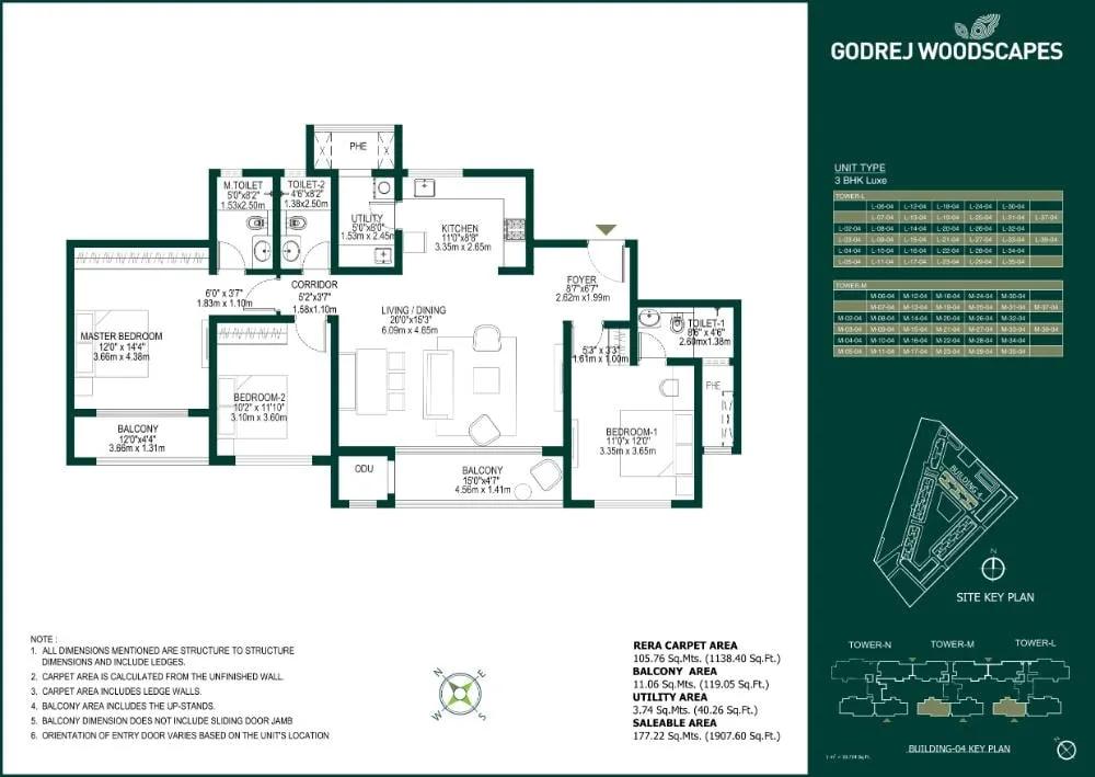 Godrej Woodscapes 3 BHK floor plan, about 1,907 sq ft