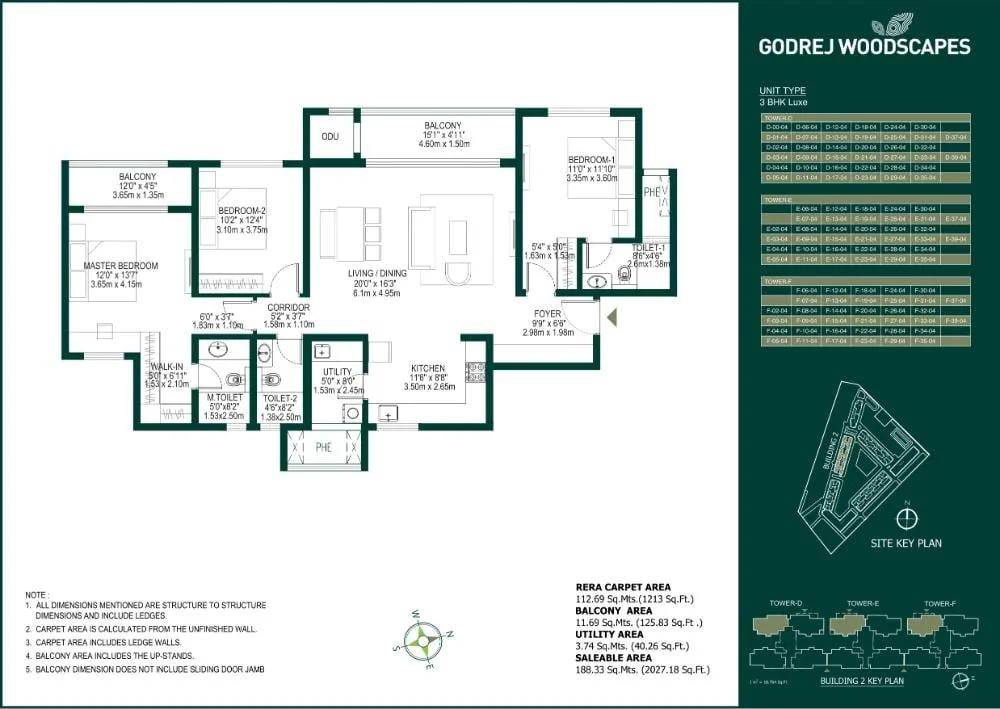 Godrej Woodscapes 3 BHK floor plan, about 2,027 sq ft