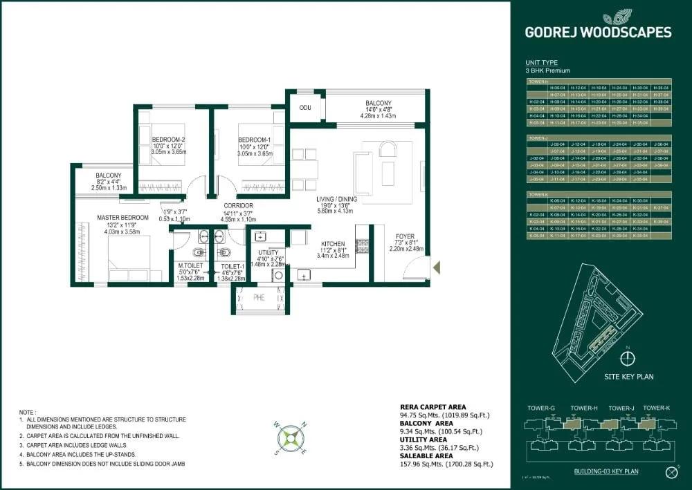 Godrej Woodscapes 3 BHK floor plan, about 1,700 sq ft
