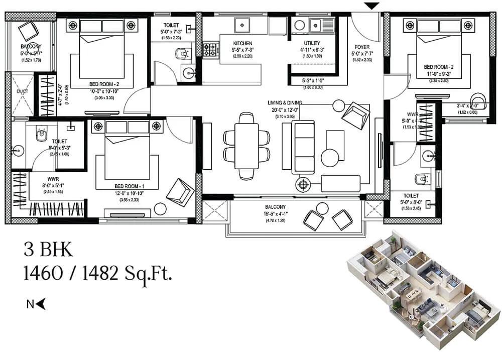 ARATT Alchemy One 3 BHK floor plan, about 1,460 sq ft