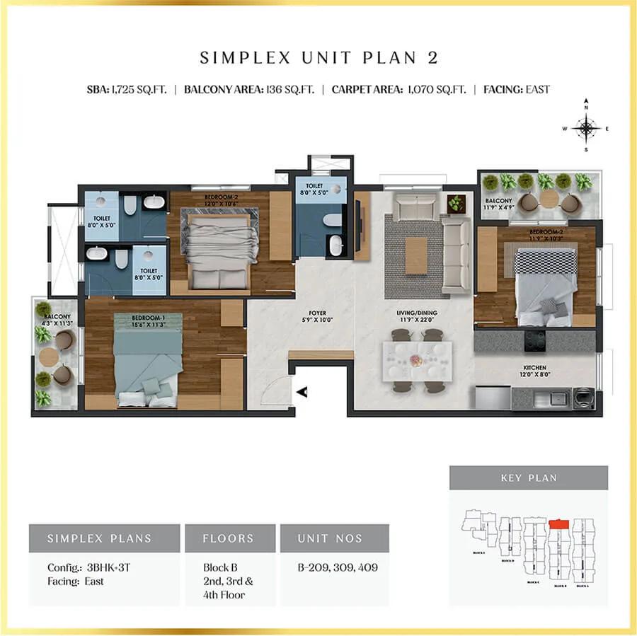 SBR Florenso 3 BHK floor plan, about 1,725 sq ft