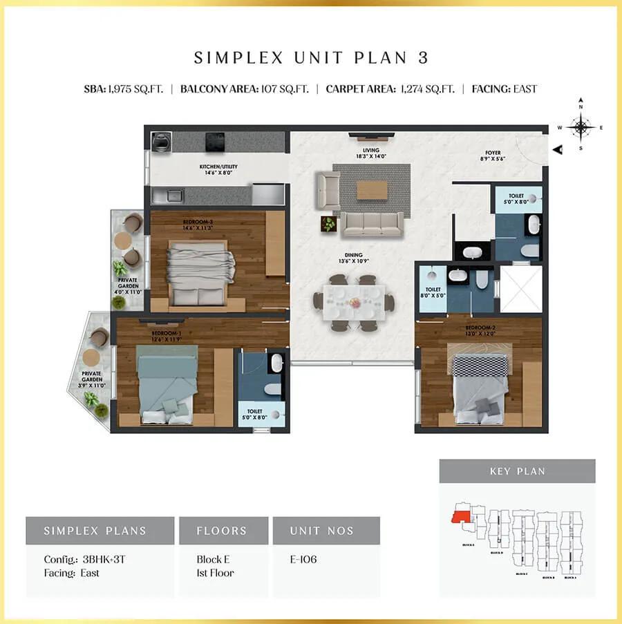 SBR Florenso 3 BHK floor plan, about 1,975 sq ft
