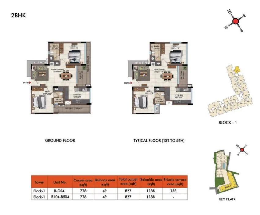 Casagrand Estilo 2 BHK floor plan, about 1,188 sq ft