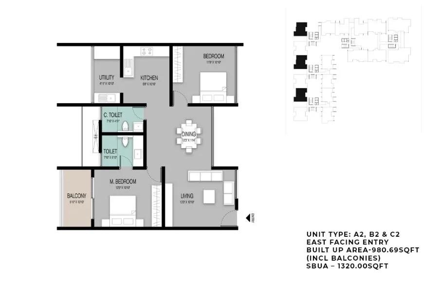 ELV High Garden 2 BHK floor plan, about 1,320 sq ft