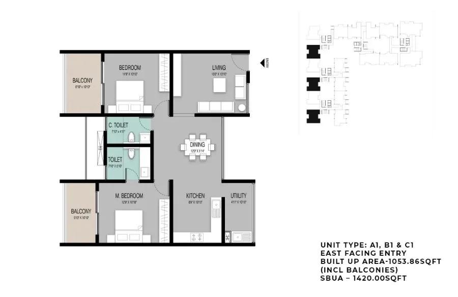 ELV High Garden 2 BHK floor plan, about 1,420 sq ft