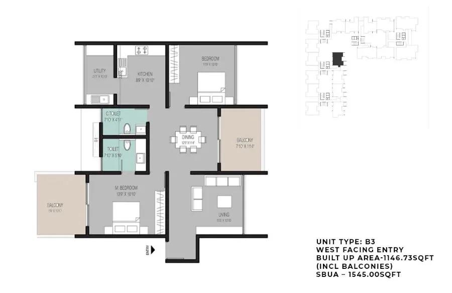 ELV High Garden 2 BHK floor plan, about 1,545 sq ft