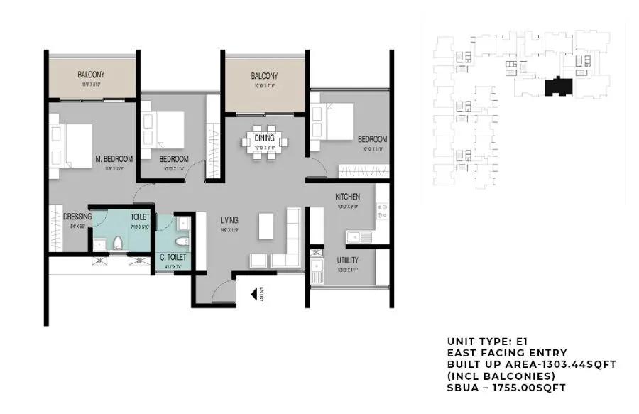 ELV High Garden 3 BHK floor plan, about 1,755 sq ft