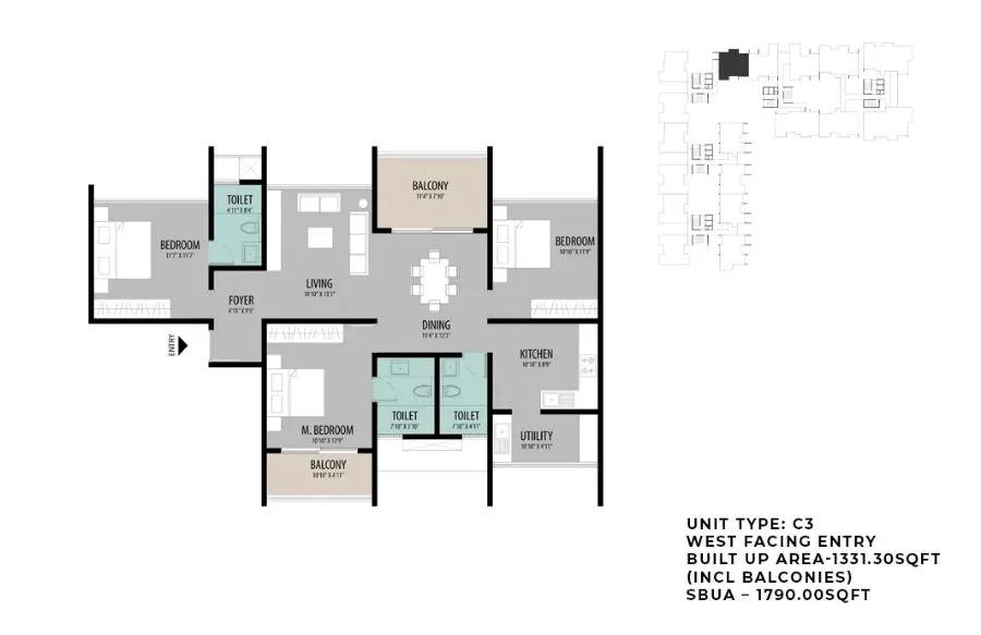 ELV High Garden 3 BHK floor plan, about 1,790 sq ft