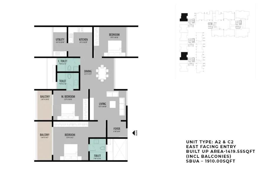 ELV High Garden 3 BHK floor plan, about 1,910 sq ft