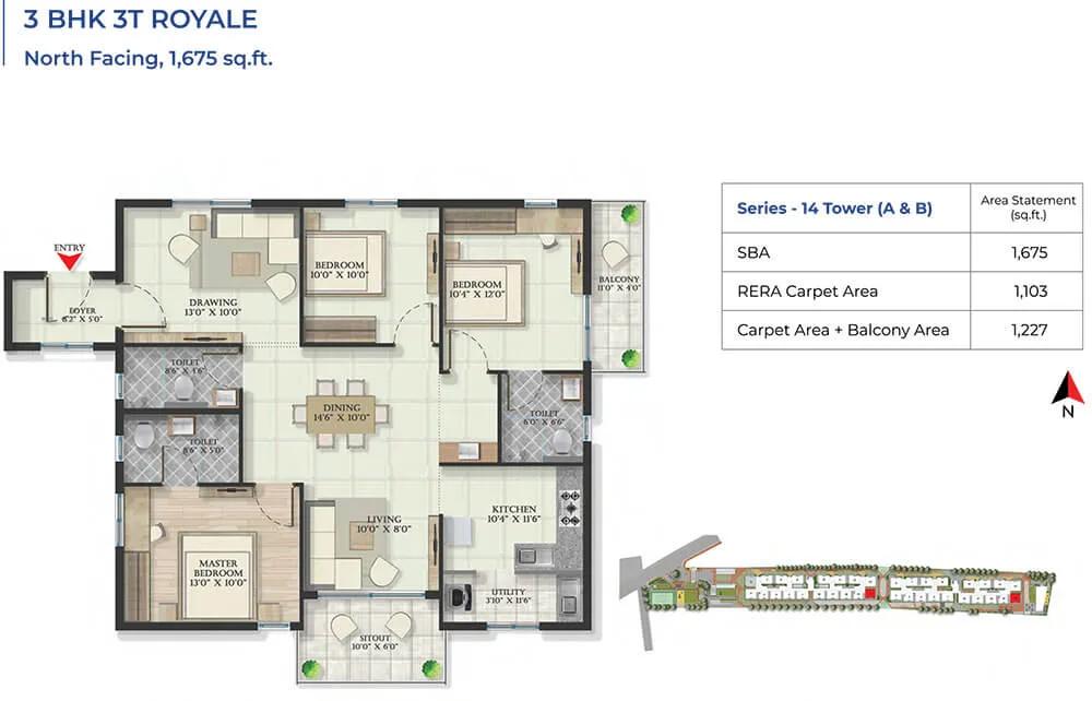 Abhee Serenity Springs 3 BHK floor plan, about 1,675 sq ft