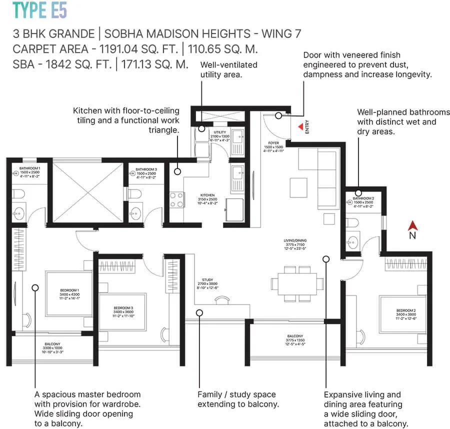 Sobha Town Park Phase 3 3 BHK floor plan, about 1,842 sq ft