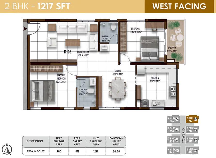 NCC Urban Ivy Towers 2 BHK floor plan, about 1,217 sq ft