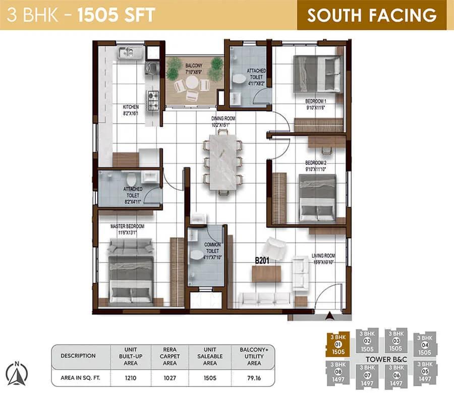NCC Urban Ivy Towers 3 BHK floor plan, about 1,505 sq ft