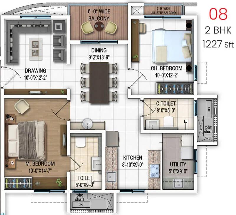 DSR Evoq Apartments 2 BHK floor plan, about 1,227 sq ft