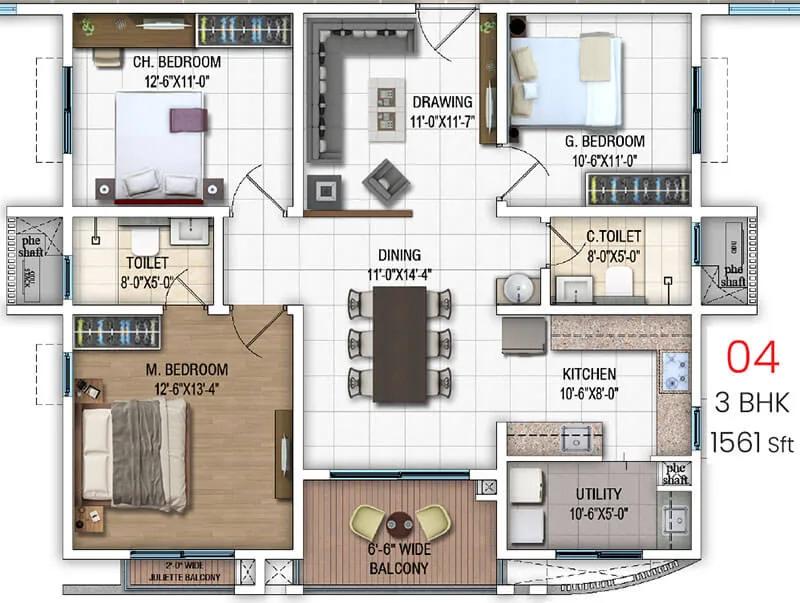 DSR Evoq Apartments 3 BHK floor plan, about 1,561 sq ft