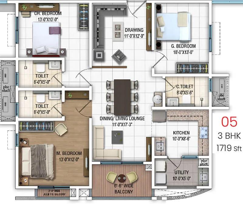 DSR Evoq Apartments 3 BHK floor plan, about 1,719 sq ft