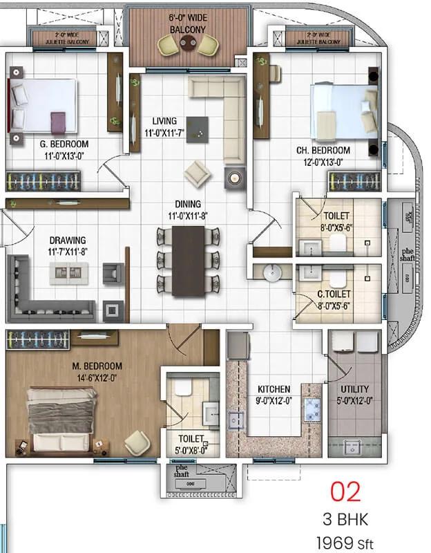 DSR Evoq Apartments 3 BHK floor plan, about 1,969 sq ft