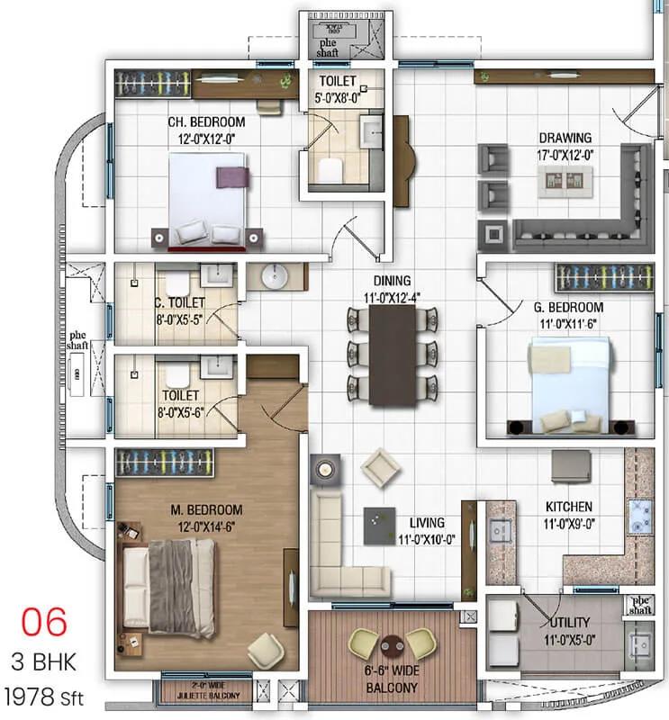 DSR Evoq Apartments 3 BHK floor plan, about 1,978 sq ft