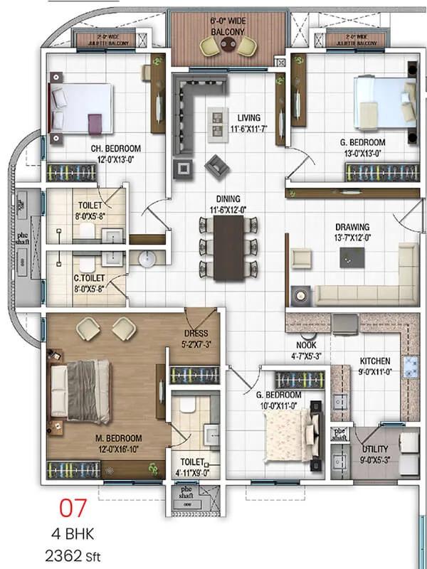 DSR Evoq Apartments 4 BHK floor plan, about 2,362 sq ft