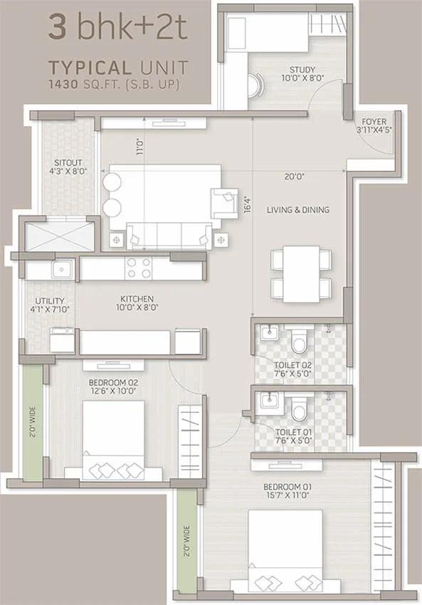 Orchid Salisbury 3 BHK floor plan, about 1,430 sq ft