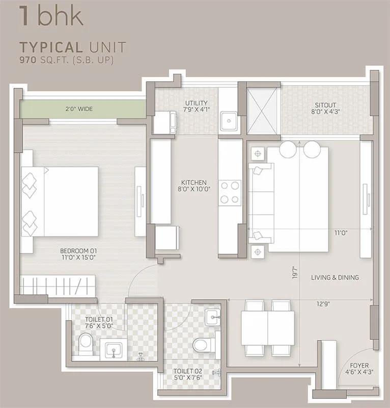 Orchid Salisbury 1 BHK floor plan, about 970 sq ft